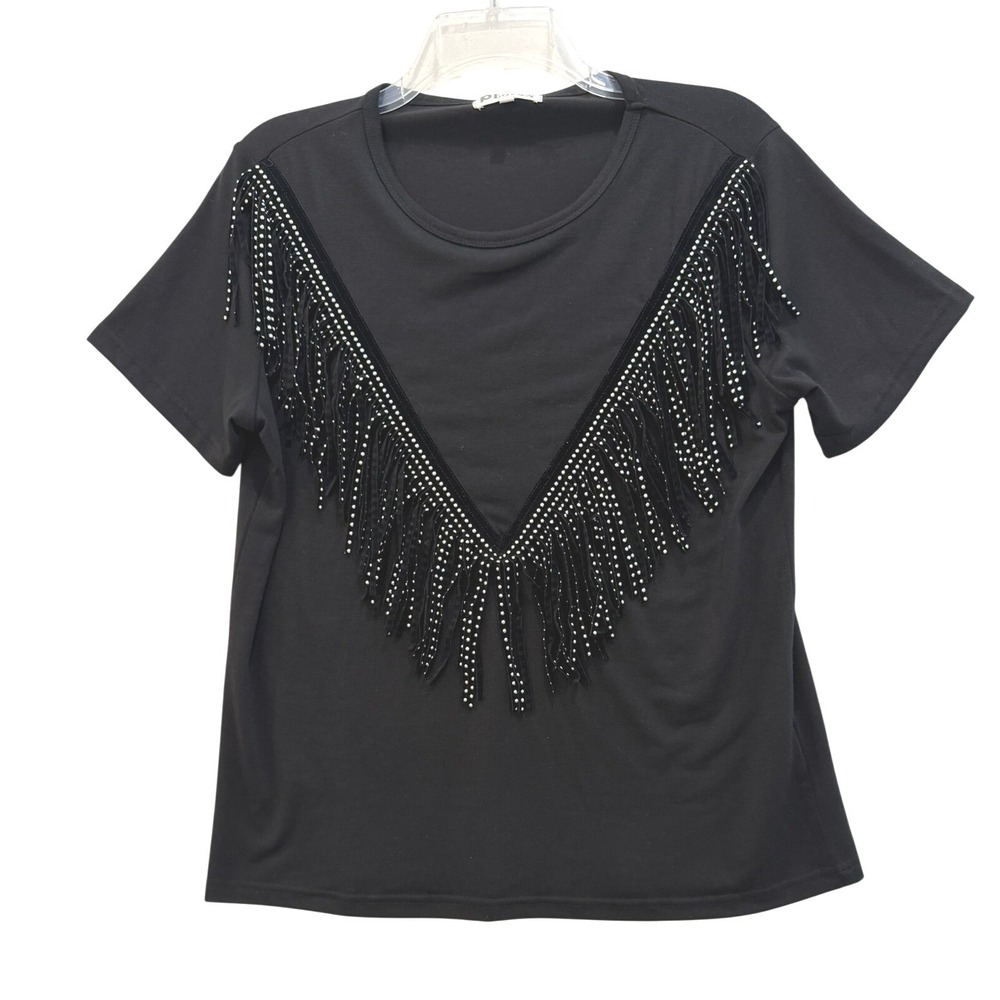 Boho Western Pesion Women's Black Silver Stud Fringe V-Neck Cotton T-Shirt L NWT